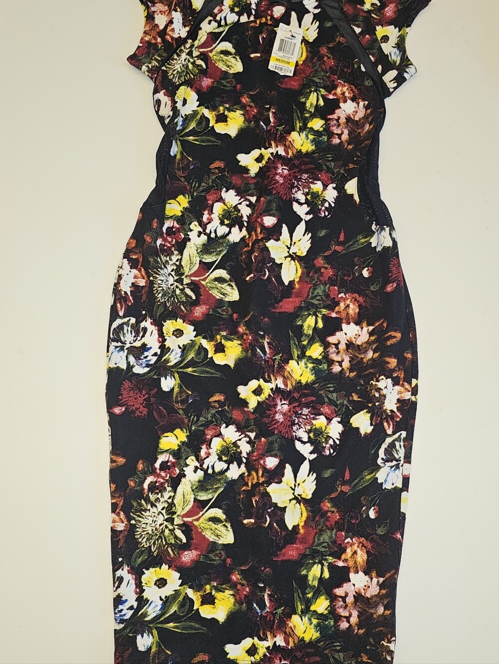 NWT | M | Material Girl | Black Floral Mesh Panel Bodycon Midi Dress